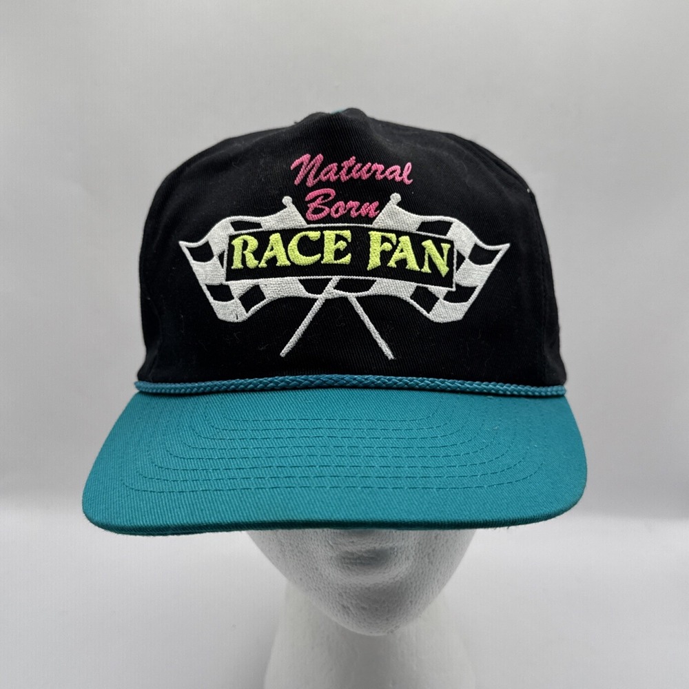 Vintage Nylon Snapback Hat / Cap Black Neon Natural Born Race Fan Rope